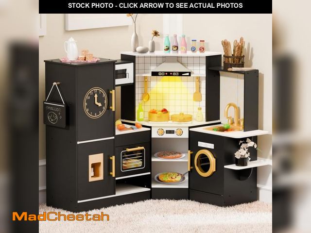 Lot 74-12153969 - BIERUM Coner Wooden Play Kitchen with Real Lights &amp; Sounds, Trendy Home Style Kitchen Playset, T...