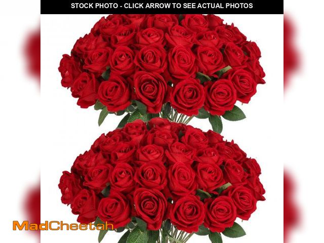 Lot 74-12302700 - 50 PCS Fake Red Roses, Artificial Red Flowers Bulk Realistic Silk Faux Rose with Stems for Wedding D...