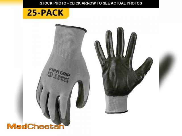 Lot 74-12412965 - (MISSING SOME ) FIRM GRIP Large Nitrile Coated Work Gloves with Reusable Bucket (25-Pack) - UNUSED