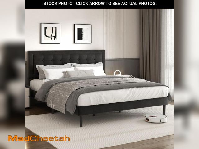 Lot 74-12126499 - CXVX King Size Bed Frame with Headboard, Platform Bed Frame with Velvet Upholstered Button Tufted He...