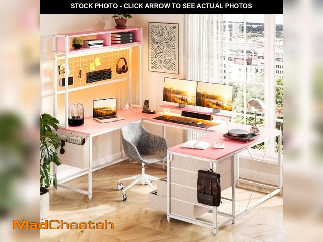 Lot 74-12405889 - U Shaped Desk with Monitor Stand and LED Lights, U Shaped Gaming Desk with Storage Shelves, Large Co...