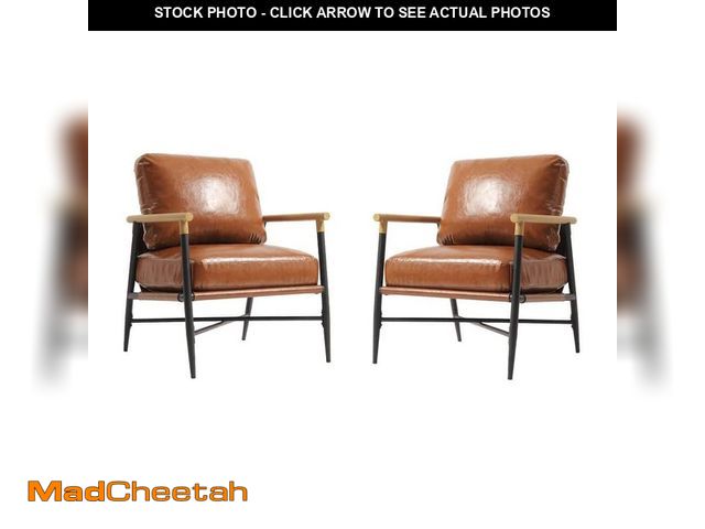 Lot 74-12558845 - (MISSING ONE CHAIR) Uixe Modern Brown Faux Leather Upholstered Arm Chair with Metal Base(Set of 2) -...