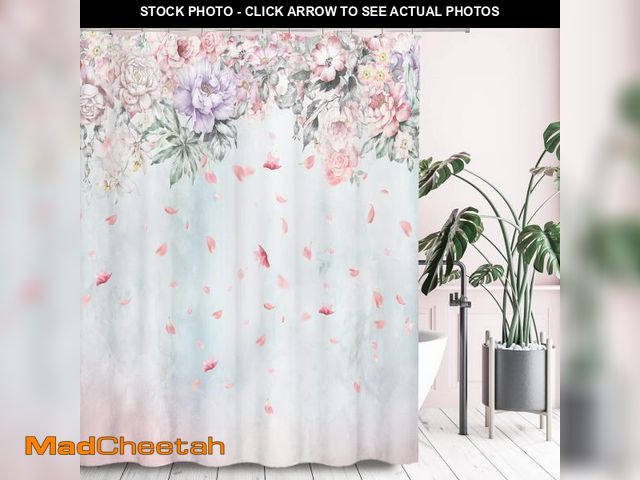 Lot 74-11557725 - Tititex Pink Lilac Roses Flower Shower Curtain Sets, Falling Blush Blossoming Petals Bathroom Decora...