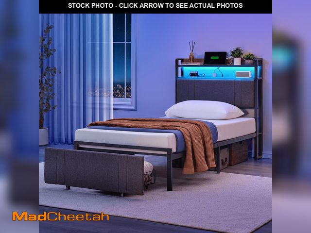 Lot 74-13773813 - LED Twin Size Bed Frame with Storage Headboard &amp; 1 Drawers,Heavy Duty Metal Bed base Upholstered...