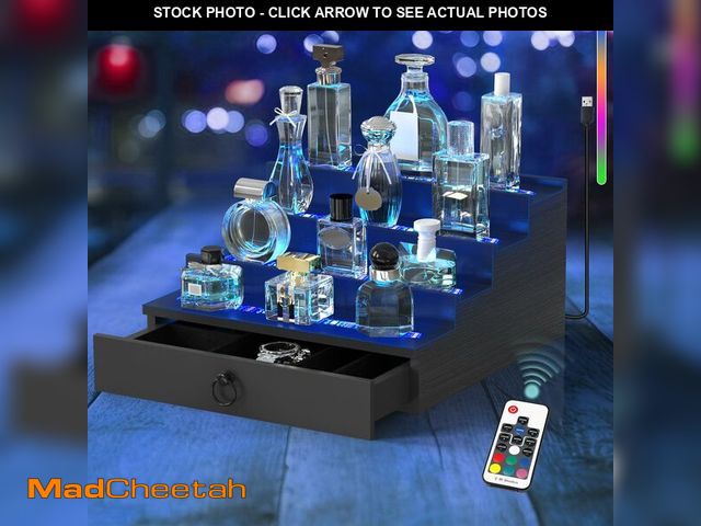 Lot 74-14269405 - LED Lighted Cologne Organizer for Men, 4 Tier Wood Perfume Organizer with Velvet Lined Drawer, Multi...