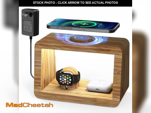 Lot 74-12433209 - Bamboo Wireless Charging Station: 3-in-1 Wireless Charger with Night Lights - Fast Charging Stand Co...