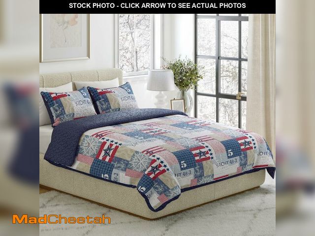 Lot 74-12827507 - 3-Piece Quilt Set - Full/Queen Bedding with Nautical Americana Patchwork Print - All-Season Soft Mic...