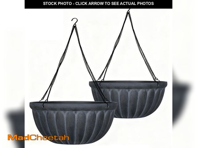 Lot 74-14246486 - Vigoro Madigan Medium Black Resin Round Hanging Basket Planter with Drainage Holes (12 in. L x 12 in...