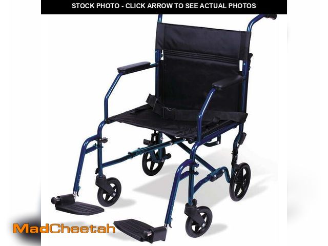 Lot 74-12670102 - Carex Steel Transport Chair with 19" Seat, Swing-Away Footrests, Blue, 300 lb Weight Capacity - UNUS...