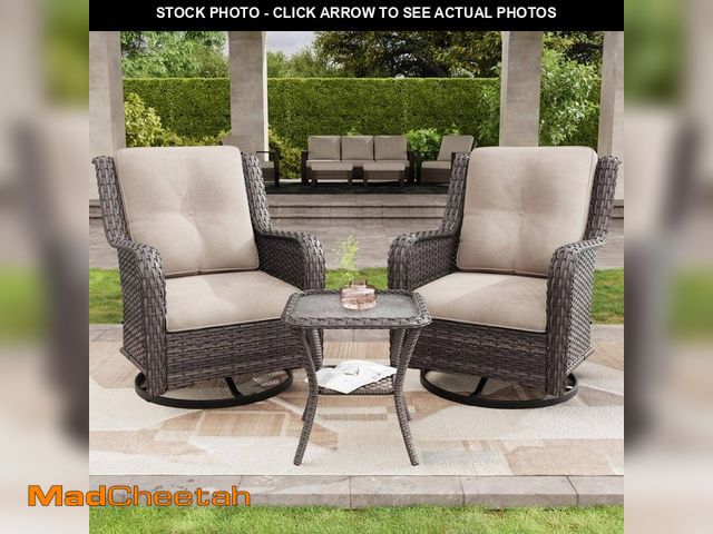 Lot 74-12465156 - JOYSIDE 3-Piece Wicker Patio Swivel Outdoor Rocking Chair Set with Beige Cushions and Table - UNUSED
