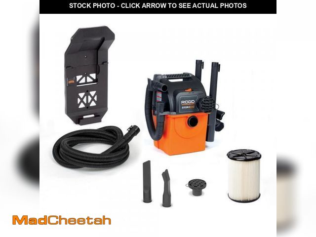 Lot 74-12365455 - RIDGID 5 Gal. 5.0 Peak HP Portable Wall Mount Shop Vacuum Wet Dry Vac with Filter, Two Locking Hoses...