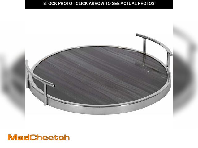 Lot 74-13070123 - Kate and Laurel Marbury Modern Round Tray, 15 x 14 x 3, Gray Marble and Silver, Contemporary Marble ...