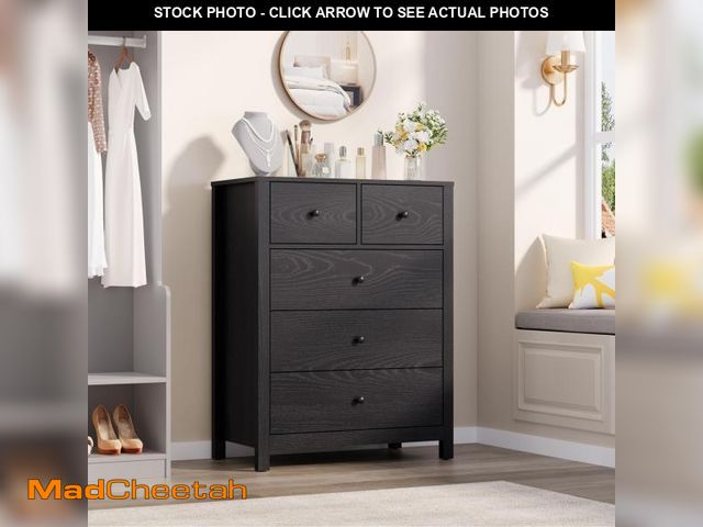 Lot 74-12489615 - (SOME DAMAGE TO CORNER) IDEALHOUSE Black Dresser for Bedroom, Tall 5 Drawer Dresser with Deep Drawer...