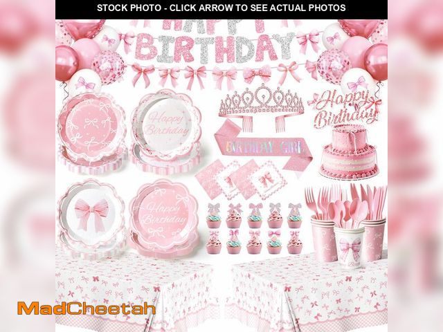 Lot 74-14263539 - 213PCS Pink Bow Birthday Decorations Serves 24, Coquette Party Supplies Include Crown Sash Plates 2 ...