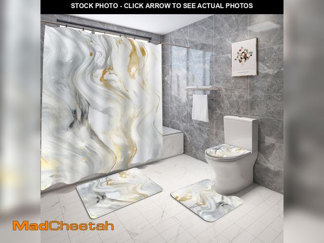Lot 74-12440990 - Planially 4Pcs Grey Gold Marble Shower Curtain Sets, Bathroom Sets with Shower Curtain, Toilet Lid R...