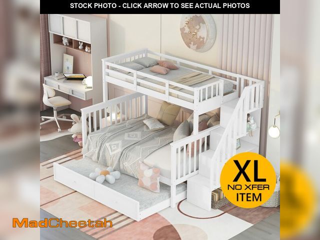 Lot 74-14343832 - Bunk Bed Twin Over Full with Trundle, Bunk Beds with Stairs and Open Shelves, Wooden Twin Over Full ...