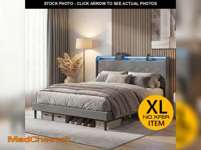 Lot 74-13779553 - edx Upholstered King Bed Frame with Height-Adjustable Headboard, 3 USB Charging Ports, LED Light Str...