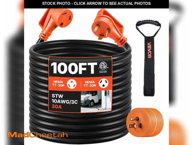 Lot 74-13710760 - VEVOR 100 FT RV Extension Cord, 30 Amp, 125V 2500W Heavy Duty STW 10/3 Gauge Wire, NEMA TT-30P Male ...