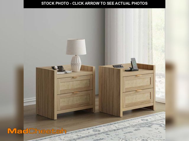 Lot 74-13776194 - SICOTAS Rattan Nightstands Set of 2 with Charging Station, USB Port, Boho Bedside Table with 2 Stora...