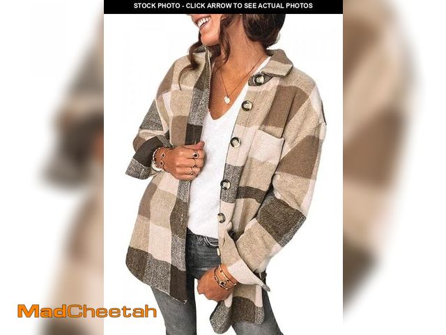 Lot 74-12355293 - Women's Casual Long Sleeve Plaid Button Down Oversized Shirt Shacket Jacket Coat Outerwear with Pock...