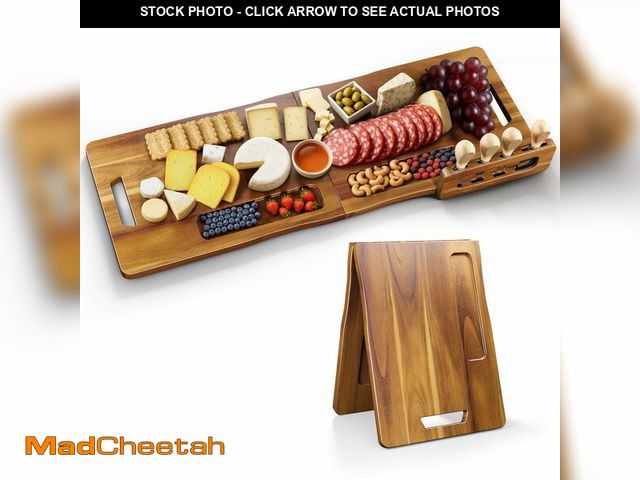 Lot 74-12715204 - NAGAWOOD Acacia Large Charcuterie Board 34 x 12 Inch, Foldable Wood Cheese Board with Handles and 4 ...