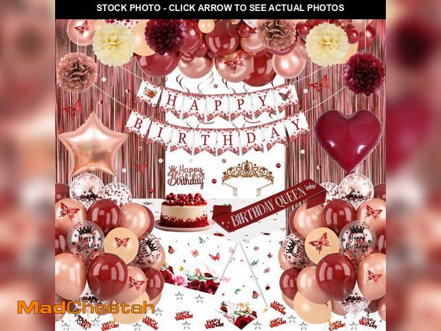 Lot 74-12710238 - Burgundy Rose Gold Birthday Decorations with Happy Birthday Banner, Balloons, Sash, Crown, Butterfly...