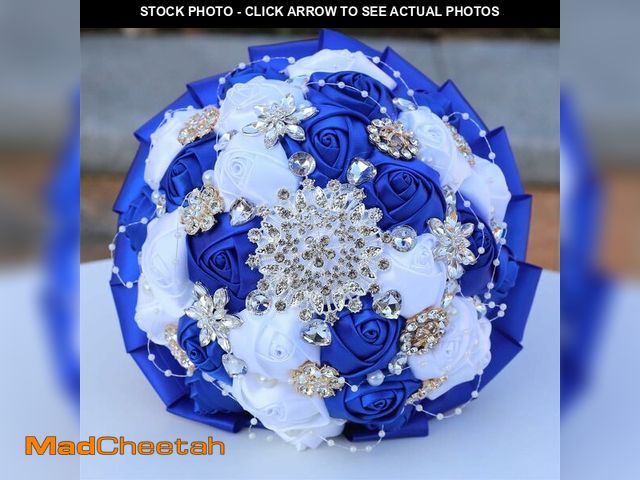Lot 74-14150330 - Mhojpik 6.3" Royal Blue &amp; White Bridal Wedding Bouquet Round Holding Bouquet Throw Toss Artifici...