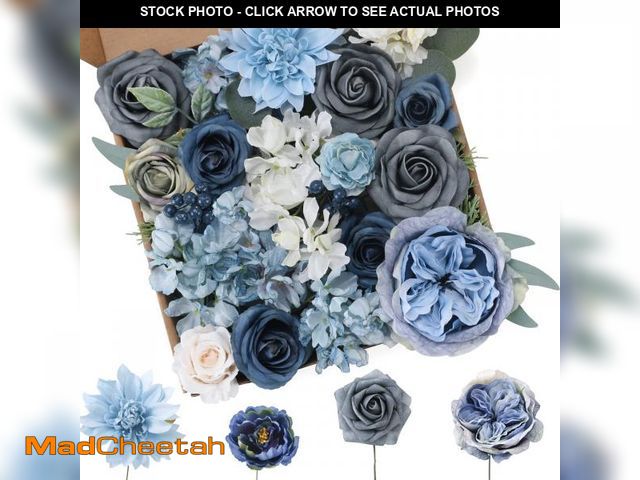 Lot 74-12215760 - Floweroyal Artificial Flowers Combo Dusty Blue Flowers Mix Silk Flowers Dahlia Roses with Stems for ...