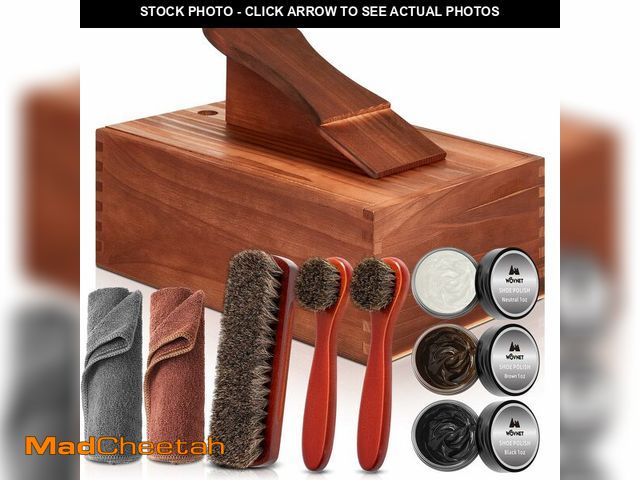Lot 74-14433888 - Wovnet 9 Pcs Shoe Shine Valet Box Including 1 Wooden Storage Box, 3 Colors Shoe Cream, 3 Big Brushes...