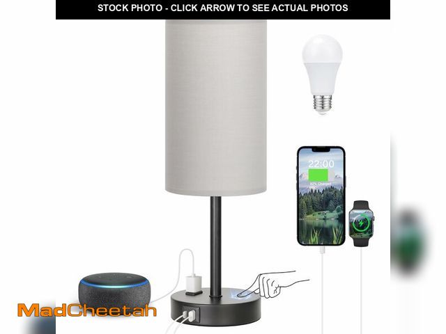 Lot 74-13542898 - Fenmzee Touch Bedroom Lamp - Grey, 3-Way Dimmable, USB A + C Charging, AC Outlet, 17.4inch Medium - ...