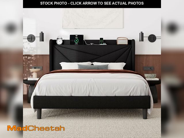 Lot 74-14611311 - Feonase Queen Size Bed Frame with Charging Station, Linen Upholstered Platform Bed Frame with Wingba...