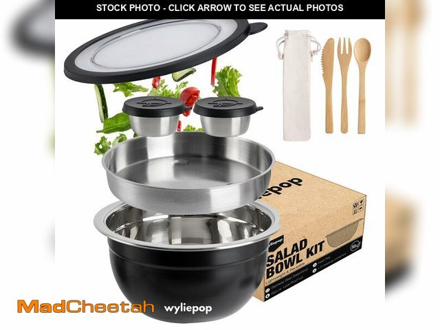Lot 74-14341666 - Wyliepop 64oz Stainless Steel Salad Bowl Kit &amp; 3Pcs Bamboo Cutlery Set with 2x Condiment Contain...