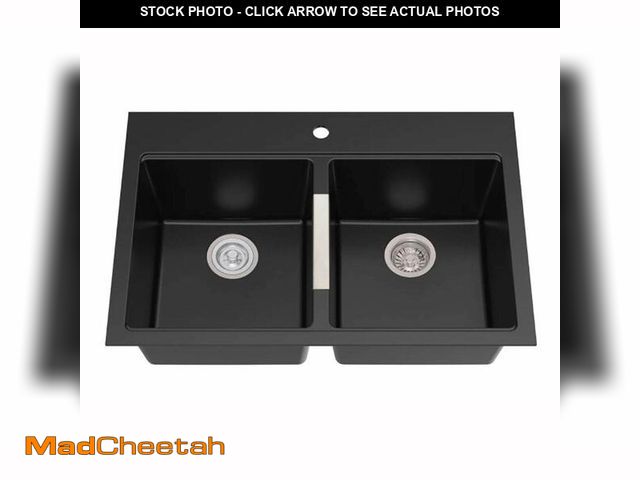 Lot 74-13790003 - (SOME DAMAGE) KRAUS Quarza 33-inch Drop-In/Undermount 50/50 Double Bowl Granite Kitchen Sink in Blac...