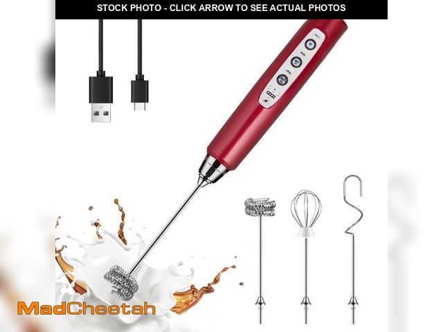 Lot 74-12222818 - YUSWKO Red Milk Frother Handheld with 3 Heads, Coffee Whisk Foam Mixer with USB Rechargeable 3 Speed...