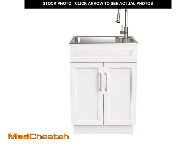 Lot 74-13286984 - Glacier Bay 24 in. Drop-In Stainless Steel Laundry Sink with Assembled Cabinet in White with Faucet ...