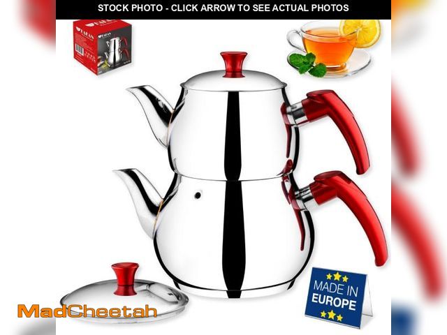 Lot 74-12049573 - Hakan Stainless Steel 2 L, 67 Oz, Mini Double Bondy Tea Pot Set with Self Strainer Double Lids, Turk...