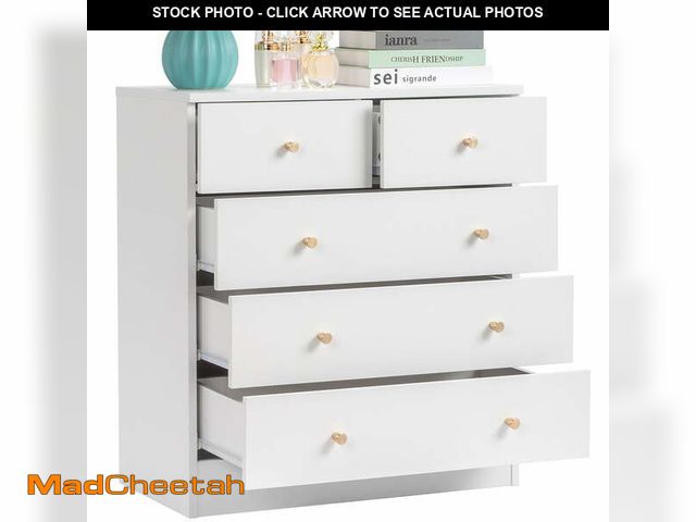 Lot 74-14260775 - UBesGoo 5 Drawer Wood Dresser for Bedroom, Chest of Drawers, Storage Organization Unit for Clothing,...