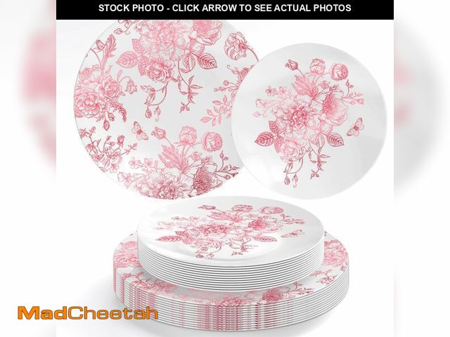 Lot 74-12700964 - FYSUIMU 40Pcs Pink Floral Plastic Plates Vintage Flower Reusable Plate Chinoiserie Dinner Dessert Pl...