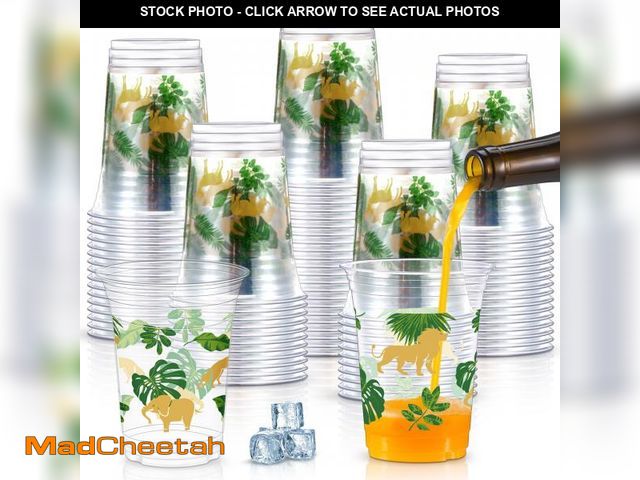Lot 74-12437806 - Jinei 100 Pcs Gold Jungle Safari Animals Cups 16 oz Golden Safari Themed Party Disposable Plastic Cu...
