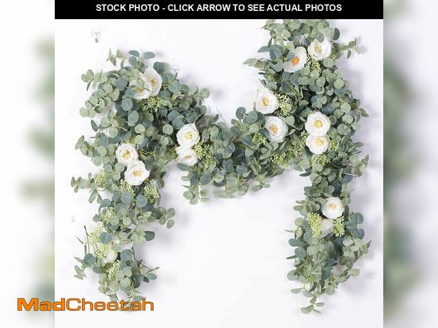Lot 74-13547004 - PARTY JOY 6.56ft Eucalyptus Garland with Flowers-8 White Roses, Artificial Fake Flowers Greenery Gar...