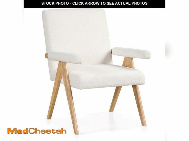 Lot 74-12763199 - Mid Century Modern Accent Chair with Rubber Wood Frame and Padded Armrests-White - UNUSED