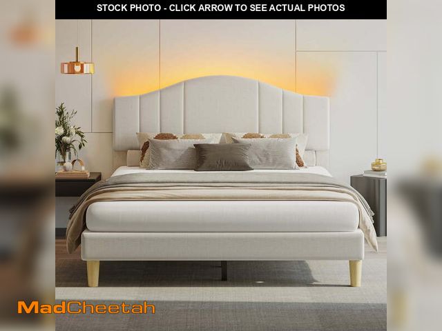 Lot 74-12548782 - Pinmoco Full Upholstered Bed Frame with Adjustable Arc-shaped Headboard, LED Platform Bed, Fabric Be...