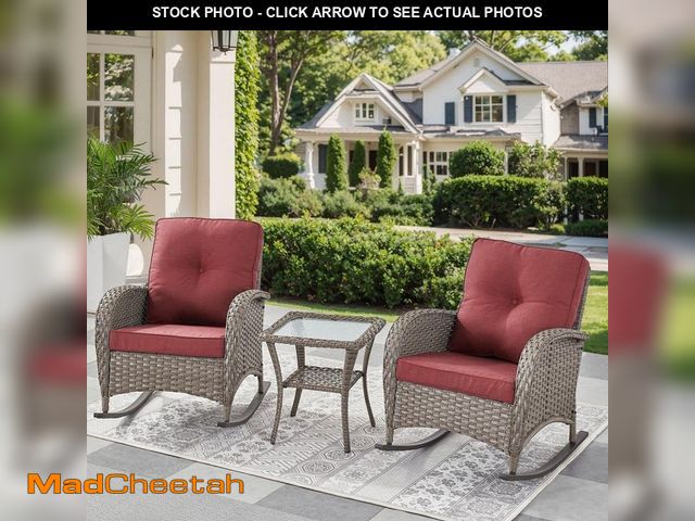 Lot 74-14112695 - moosprr SleekArm Gray 3-Piece Wicker Outdoor Rocking Chair with Red Cushions and Side Table Patio Ro...