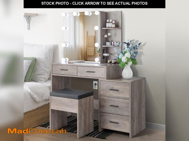 Lot 74-12515005 - Ktaxon Vanity Set with 3 Color Lighted Mirror &amp; Charging Station, Makeup Table with 3 Storage Sh...