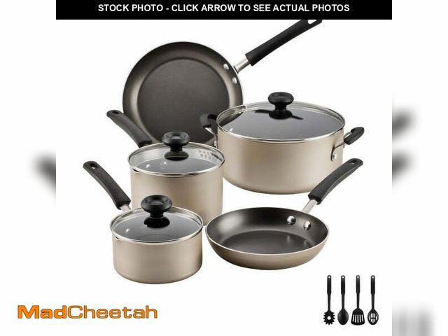 Lot 74-12789393 - Farberware Easy Clean 12 Pcs Nonstick Cookware Set with Cooking Tools, Dishwasher Safe, Champagne - ...