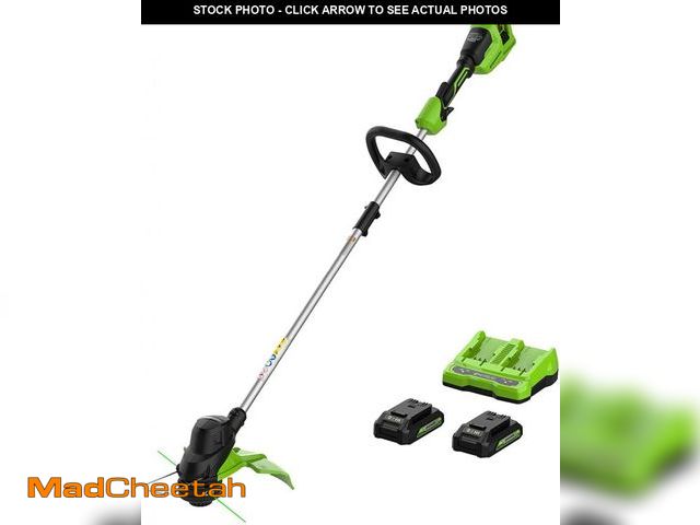 Lot 74-12486475 - Greenworks 48V (2x24V) 15" Cordless String Trimmer + (2) 2Ah USB Batteries &amp; Dual Port Rapid Cha...