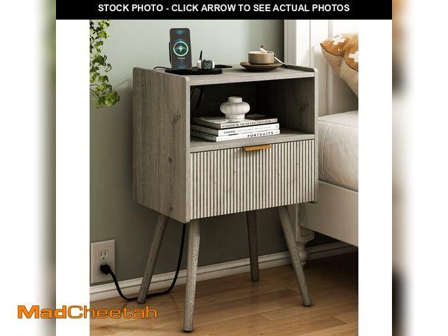 Lot 74-13564028 - JOONEE Nightstand with Outlet,Modern Bedside Table with Storage Drawer and Open Wood Shelf, for Livi...