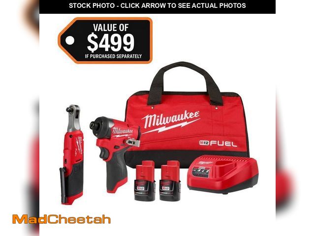 Lot 74-12776925 - Milwaukee M12 FUEL 12V Lithium-Ion Cordless 3/8 in. Ratchet and 1/4 in. Impact Driver Kit (2-Tool) w...