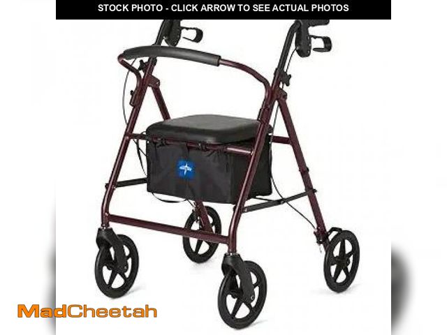 Lot 74-12396813 - Medline Aluminum Rollator Walker with Seat, Folding Mobility Rolling Walker has 8 inch Wheels, Burgu...