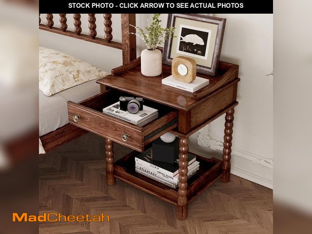 Lot 74-12692422 - Harper &amp; Bright Designs Retro Style Walnut 1-Drawer Nightstand with Open Shelf, Turned Legs, Met...